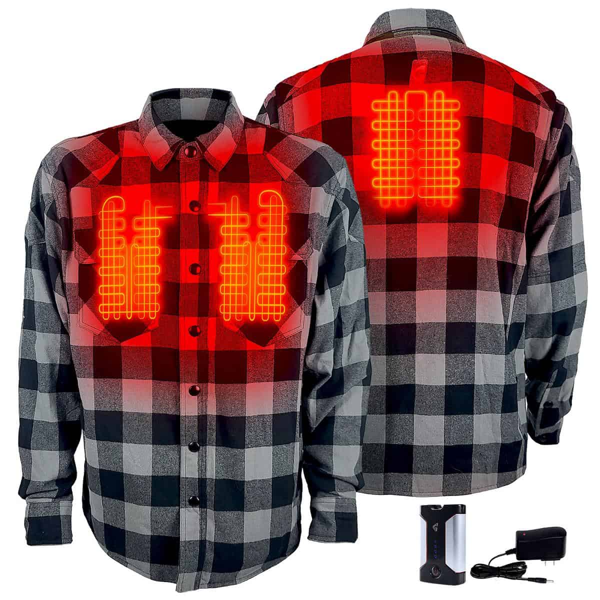 Gerbing 7V heated flannel shirt with three Microwire zones for chest and back warmth