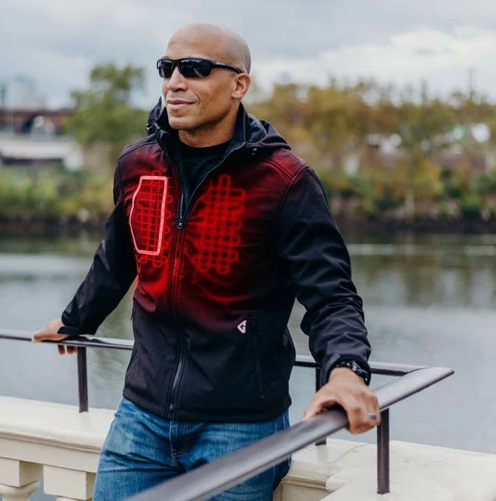 Heated motorcycle jacket showing chest heating zones for full coverage warmth