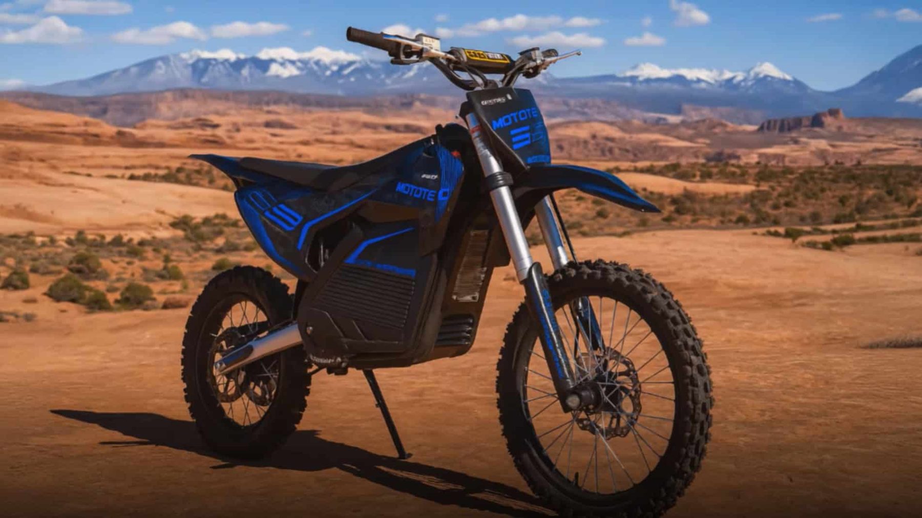 KOOZ 72 V Pro electric dirt bike parked on desert terrain with mountains in the background