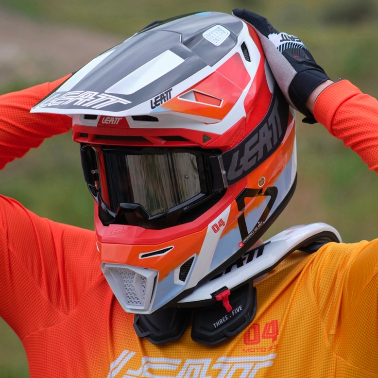 Rider wearing Leatt Velocity 6.5 goggles and helmet with bulletproof lens and snug fit