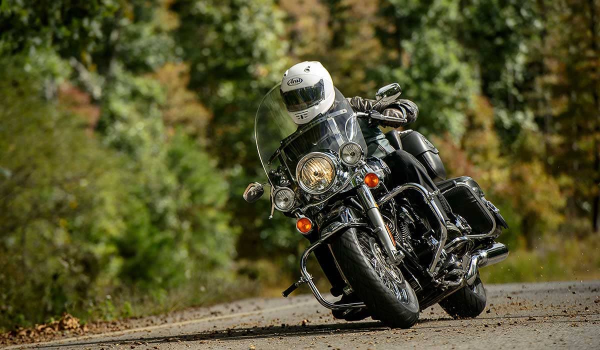 Motorcyclist leaning through a forested curve on a touring cruiser, showcasing balance and confidence.