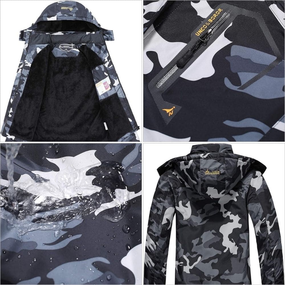 Close-up views of the Moerdeng Men’s Waterproof Ski Jacket in gray camo, showing waterproof fabric, fleece lining, and hood details