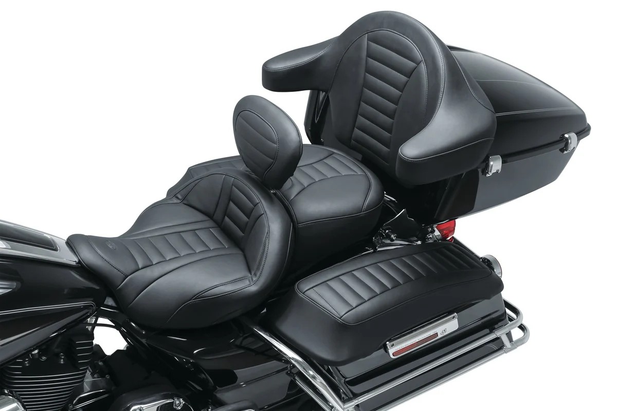 Mustang Super Touring Deluxe seat for Harley Touring bikes, extended-reach design for taller riders seeking all-day support