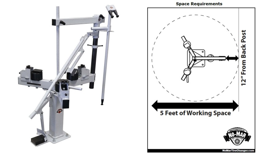 No-Mar HD Max tire changer with overhead arm and 5-foot working space diagram.