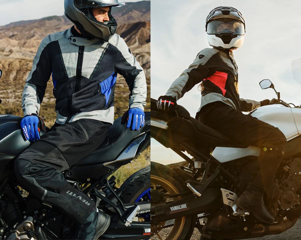 Male and female riders wearing REV’IT Airwave 4 Pants on Yamaha motorcycles in warm, sunny terrain.