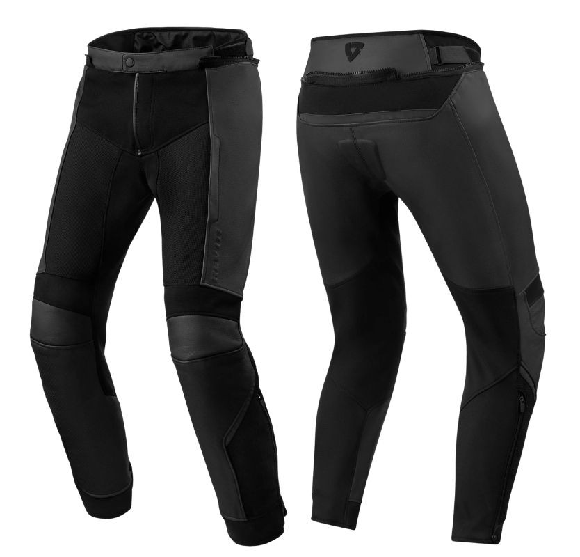 Front and rear view of REV’IT Ignition 4 H2O Pants showing leather-mesh panels, stretch zones, and waterproof liner design.