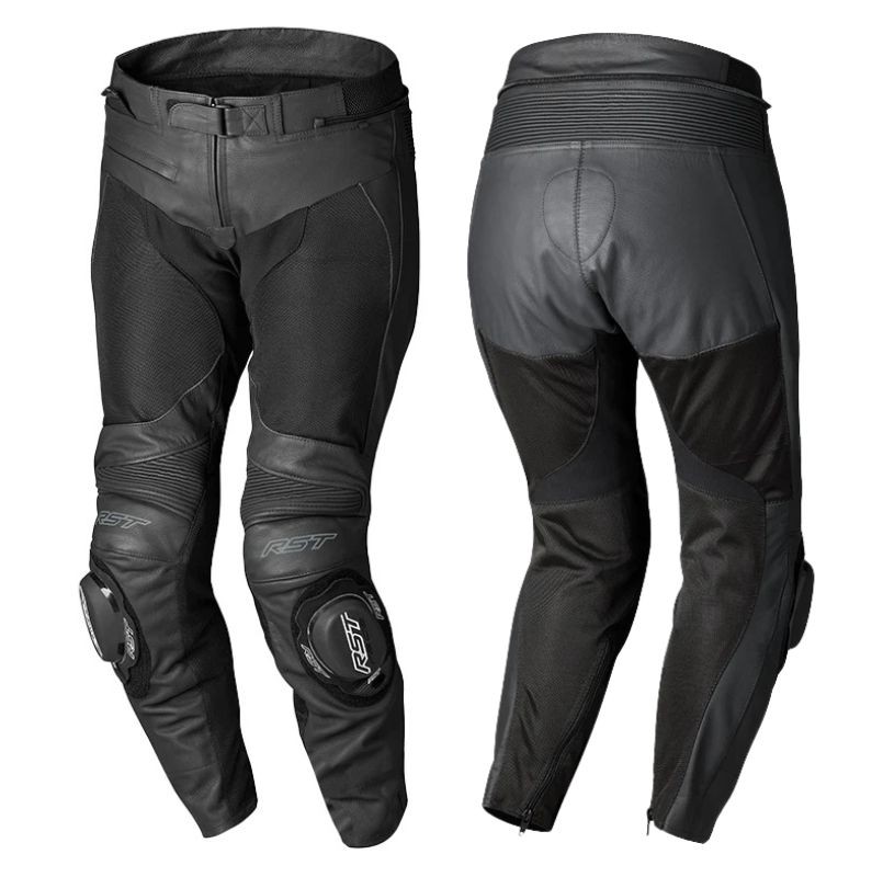 Front and back view of RST Moto S-1 Mesh CE Leather Pants showing mesh panels, leather protection zones, and knee sliders.