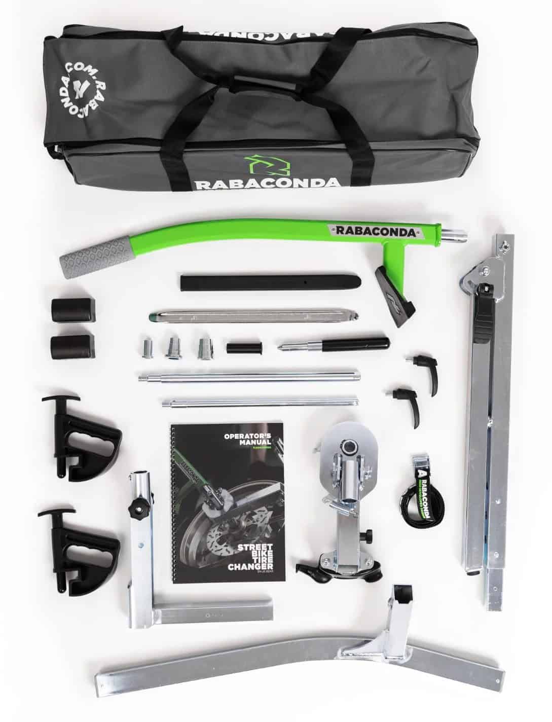 Rabaconda Street Bike Tire Changer kit laid out with tools, accessories, and carry bag ready for assembly.