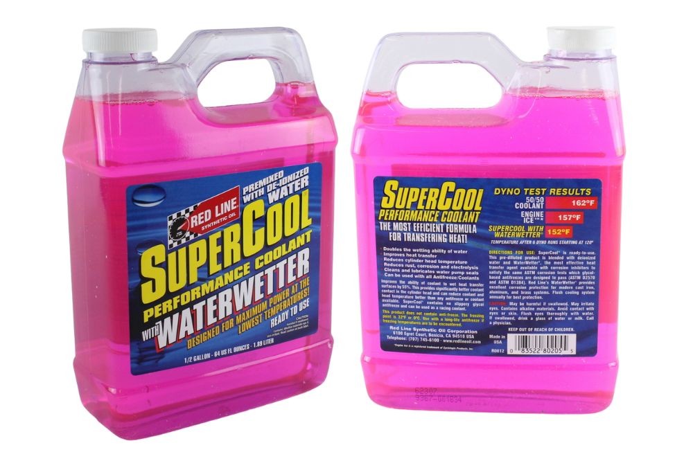 Two bottles of Red Line SuperCool Performance Coolant with WaterWetter displayed on a white background