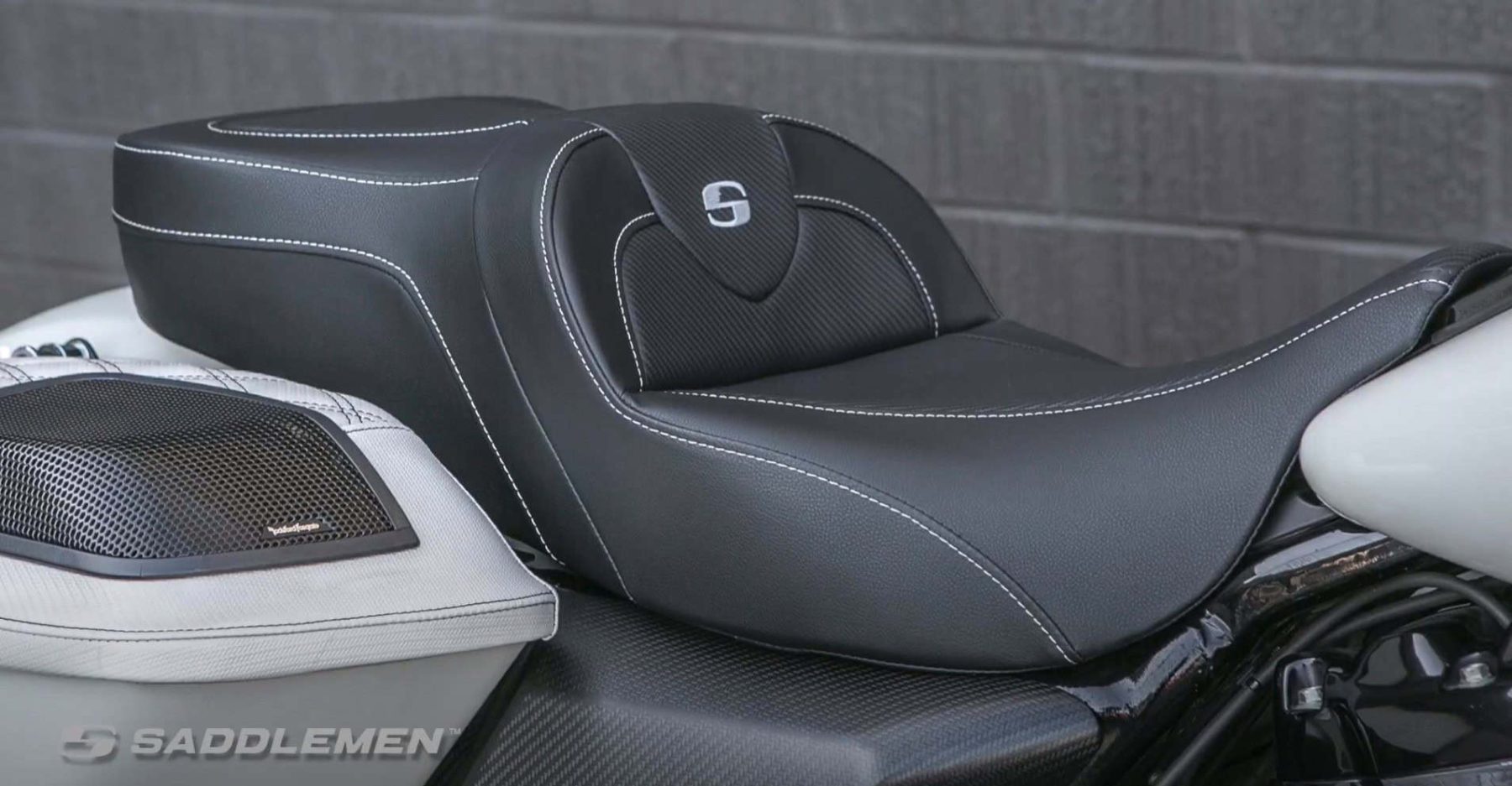 Saddlemen RoadSofa CF Extended Reach seat with Gelcore comfort and carbon-fiber styling for tall Harley touring riders