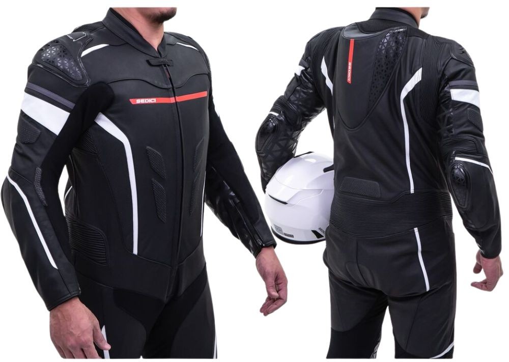 Front and back view of the Sedici Chicane 2 one-piece race suit, showing its reinforced cowhide panels, CE Level 2 armor, and sleek black-white design.