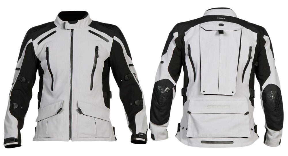 Front and back view of the Sedici Garda Waterproof Jacket in gray and black, showing vents, pockets, and reinforced impact zones