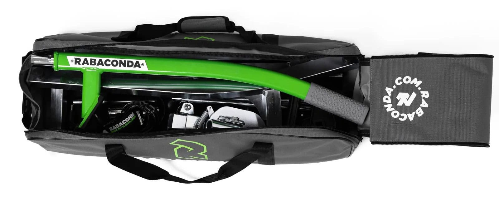Rabaconda Street Bike Tire Changer neatly packed inside its gray and green carrying case for transport.