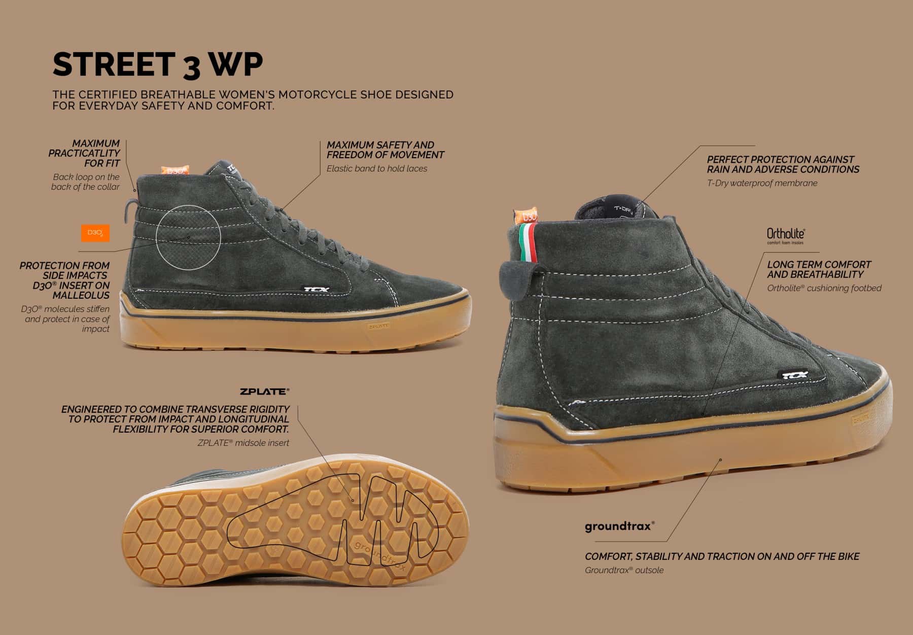 TCX Street 3 WP motorcycle shoes with suede upper, D3O ankle inserts, ZPLATE shank, and waterproof membrane for urban riders.