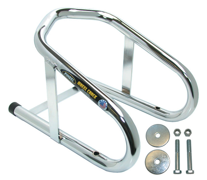 Chrome Pingel Permanent Mount Wheel Chock with included bolts, washers, and nuts displayed on a white background.