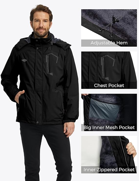 Man wearing the Wantdo Men’s Mountain Waterproof Ski Jacket in black, showing adjustable hem, chest pocket, and inner storage design