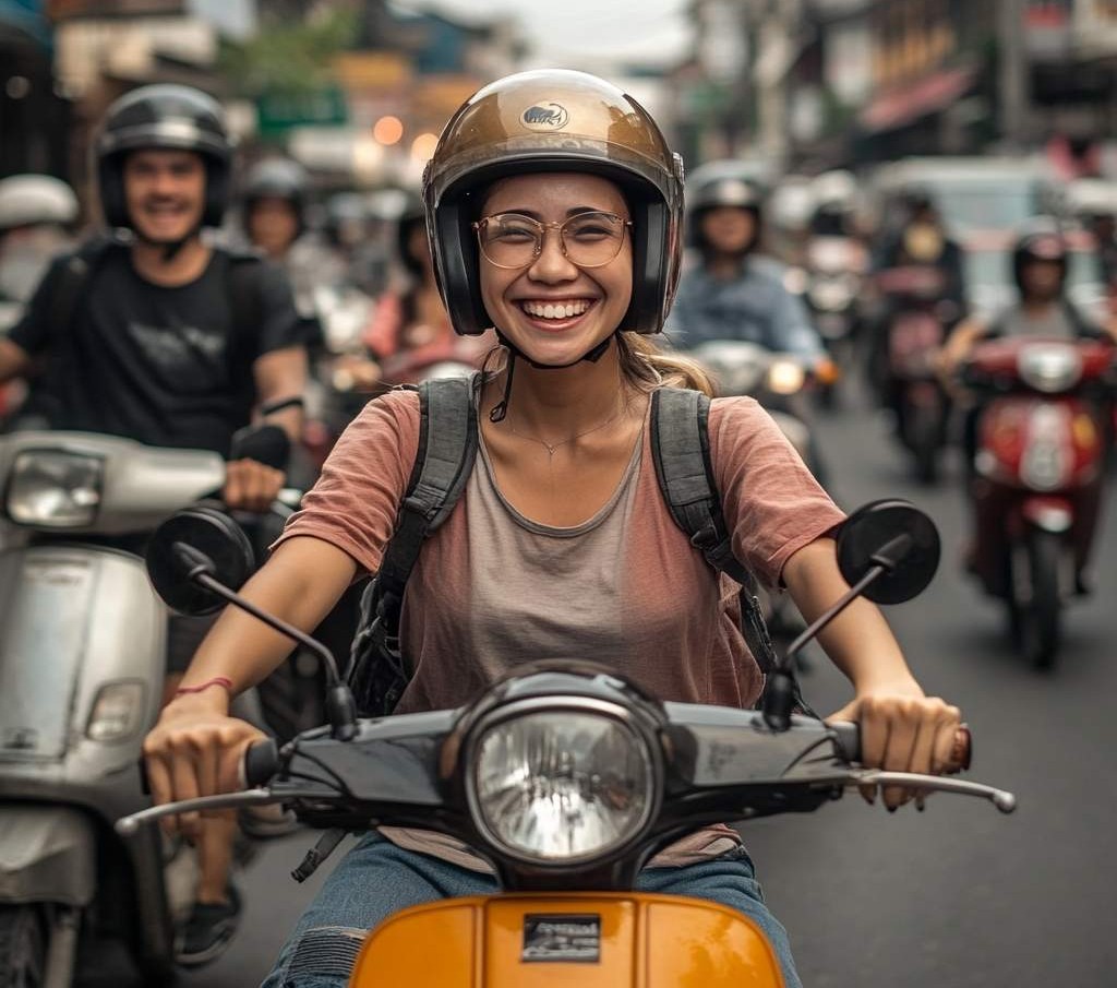 Smiling rider on a yellow scooter navigating Bangkok traffic, representing RentLab’s easy, deposit-free digital scooter rentals