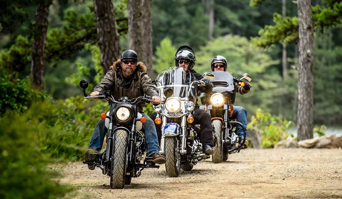 Three cruiser riders on forest roads showcasing tire grip and handling stability.