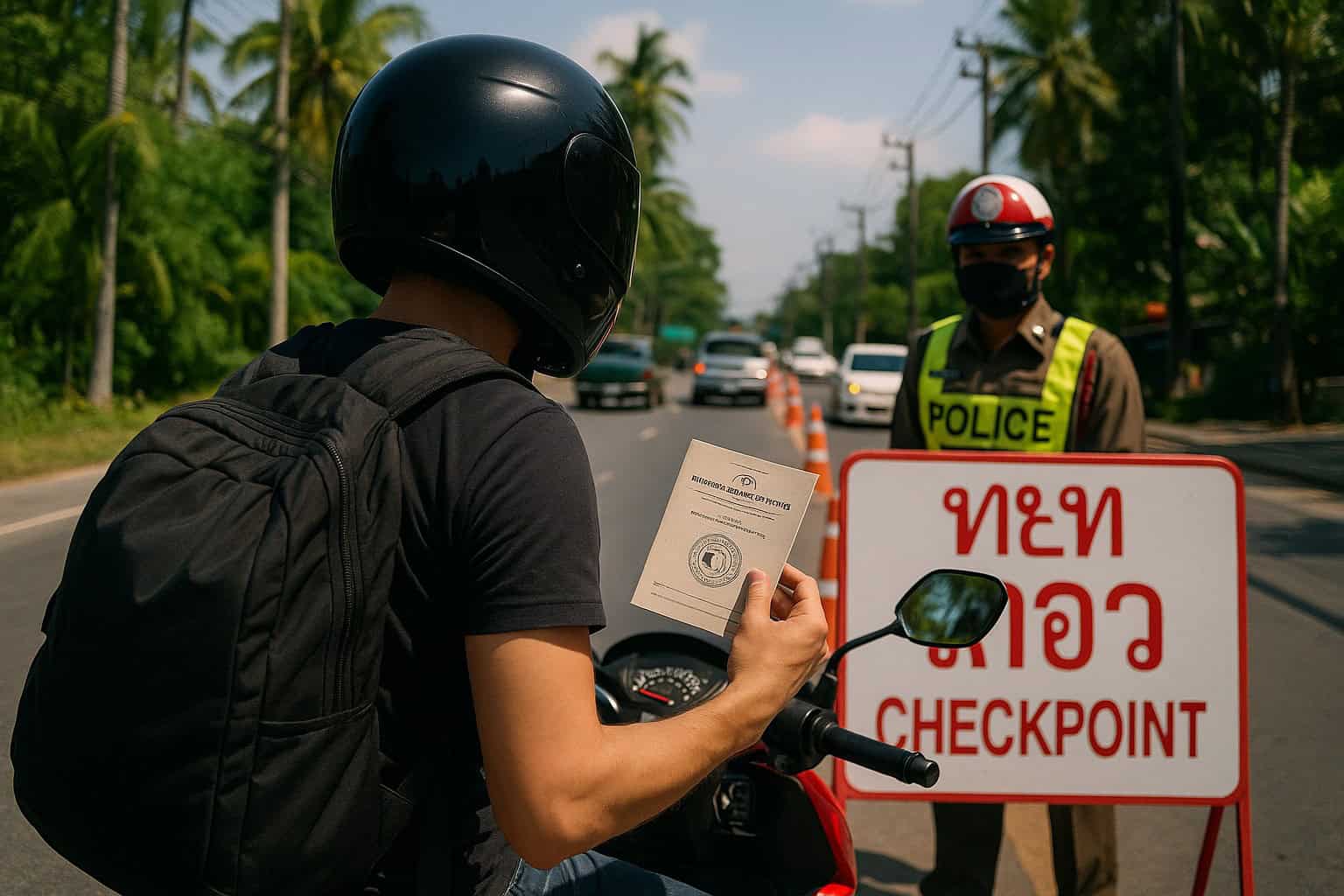 Motorcyclist showing an International Driving Permit to a Thai police officer at a roadside checkpoint in Thailand