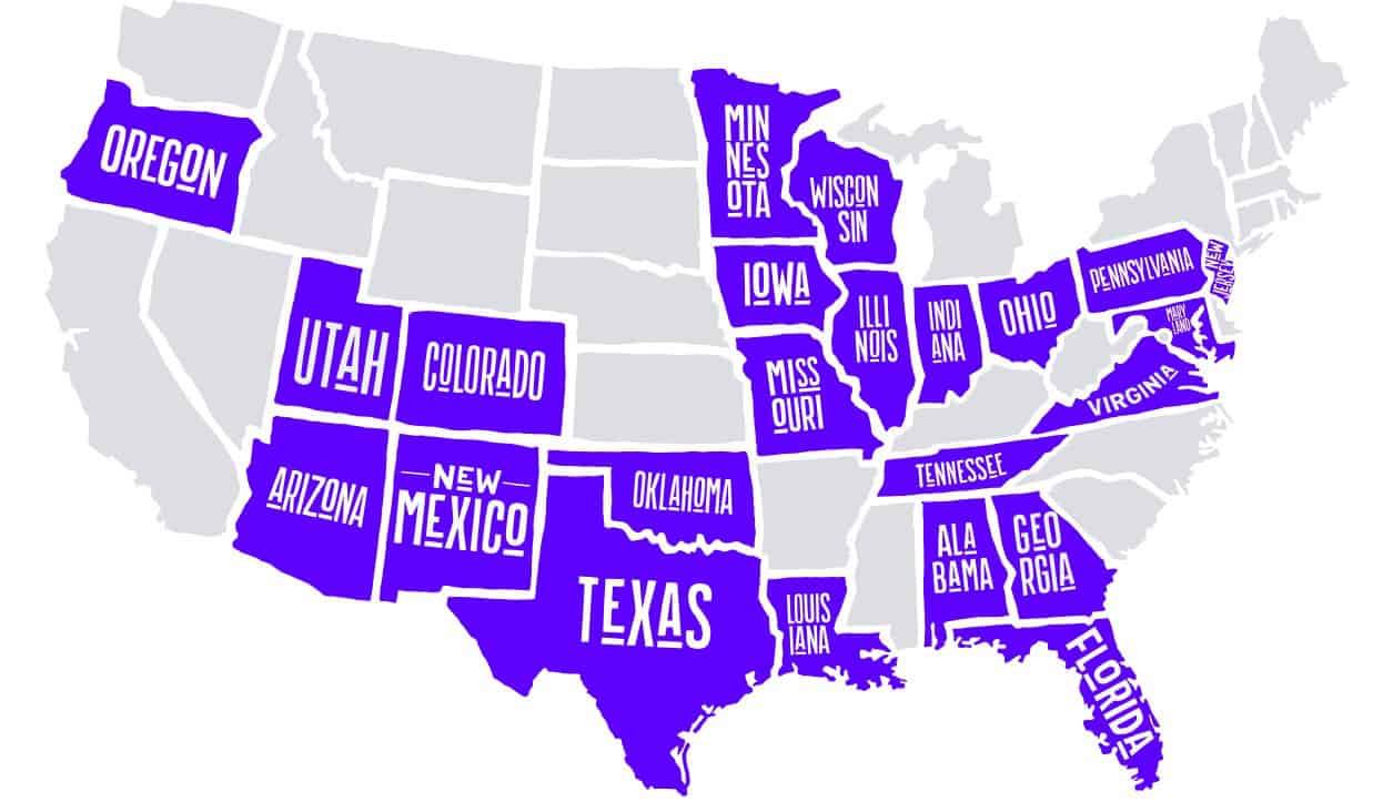Map showing U.S. states where VOOM pay-per-mile motorcycle insurance is available