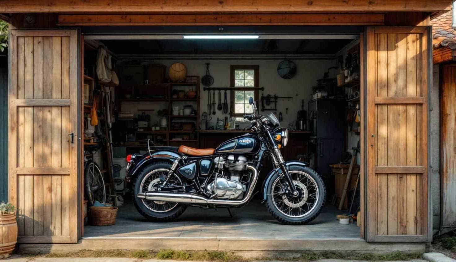 Classic motorcycle safely stored in a wooden garage with tools and gear in the background