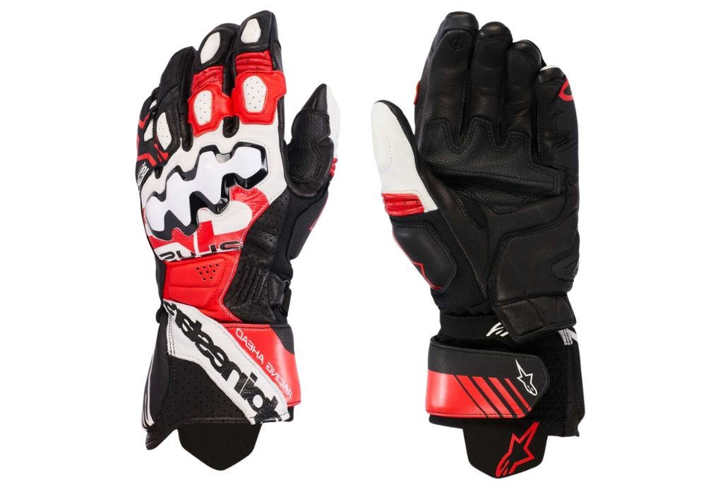 Alpinestars GP Plus R V3 gauntlet gloves in red black showing palm and knuckle protection
