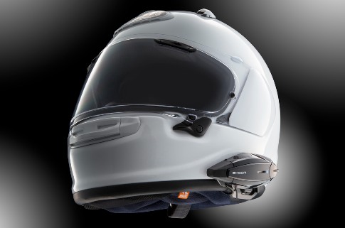 Arai Contour-X helmet with installed communication system module and visor closed