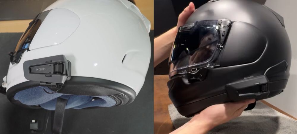 Arai Regent-X and Signet-X helmets with mounted Bluetooth communication units
