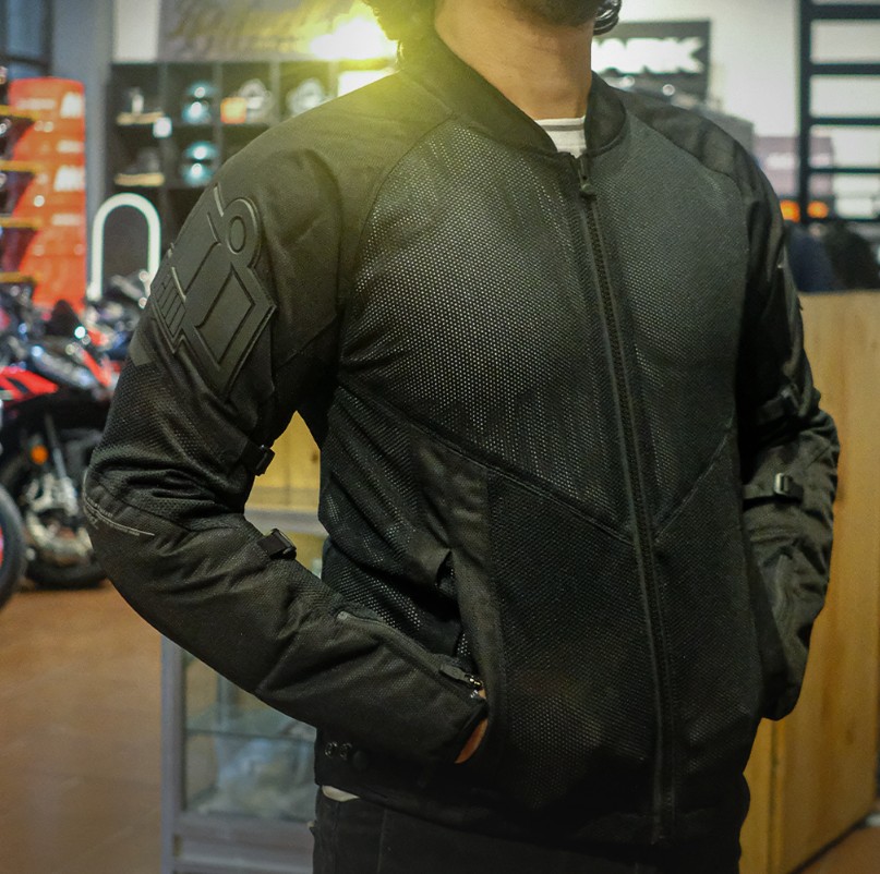 Rider wearing Icon Mesh AF CE motorcycle jacket with ventilated mesh panels