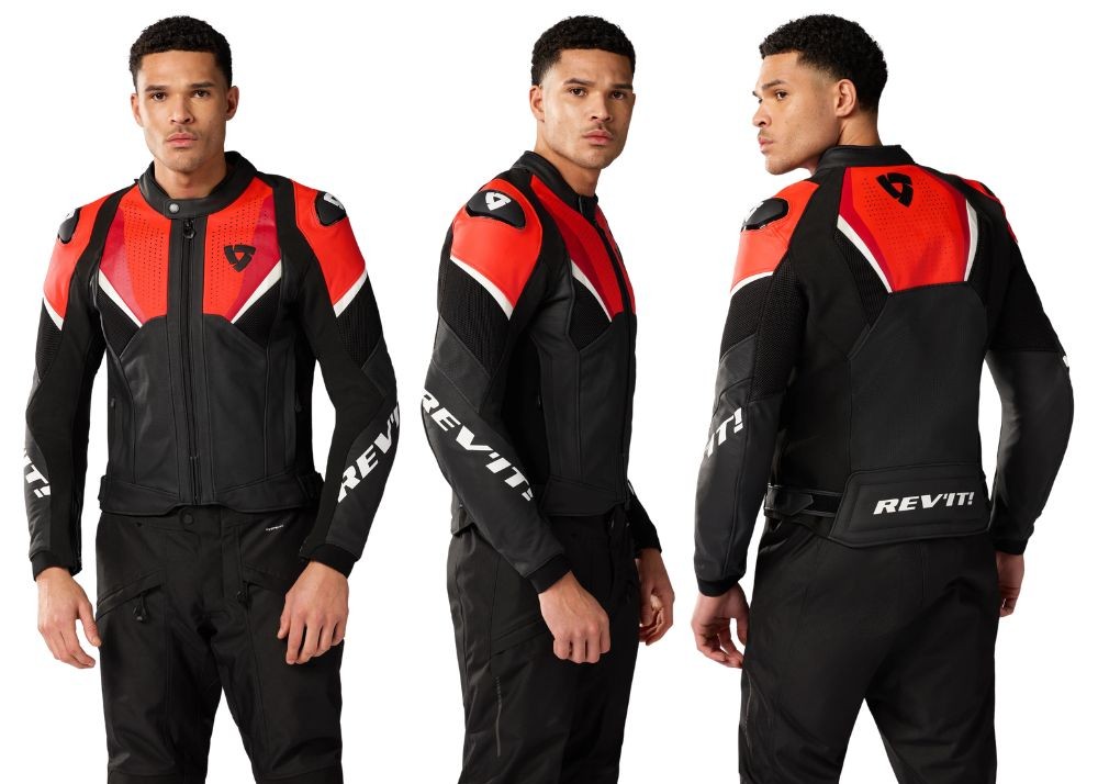 Rider wearing REV’IT! Automate leather motorcycle jacket with red panels