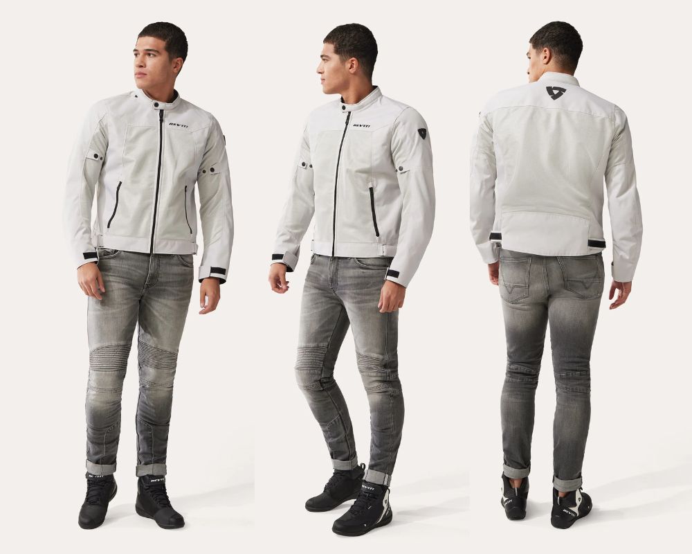 Man wearing a light gray REV’IT! Eclipse 2 mesh motorcycle jacket shown from front, side, and back angles