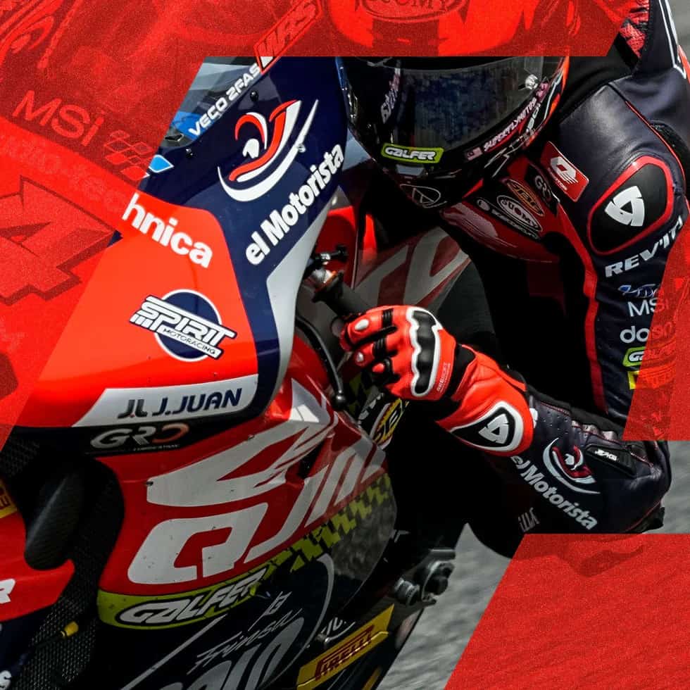 REV'IT Jerez 4 racing gloves worn by rider on sportbike with full leather suit