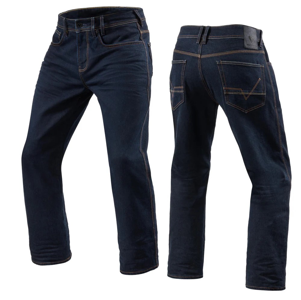 REV’IT! Philly 3 motorcycle jeans in dark denim shown from front and back views