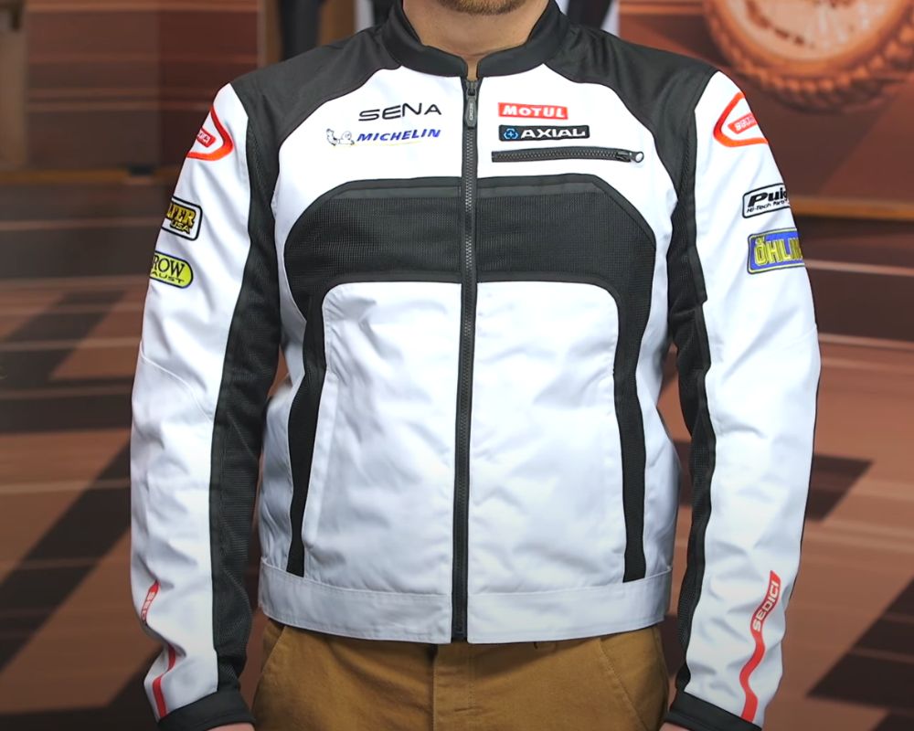 Sedici Podio 2 motorcycle jacket in white and black with sport styling and protective armor panels