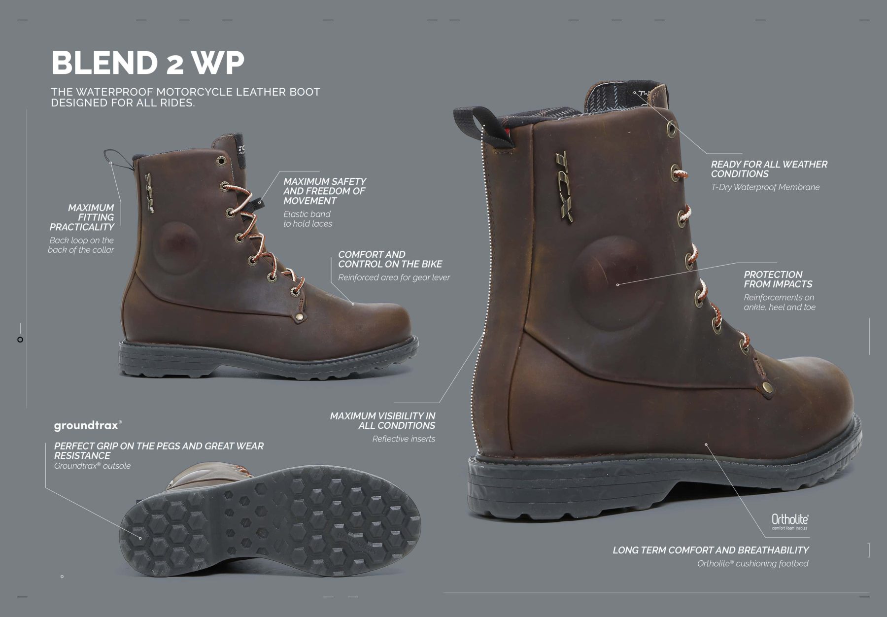 TCX Blend 2 WP waterproof motorcycle boots showing side profile, sole, and protective reinforcements