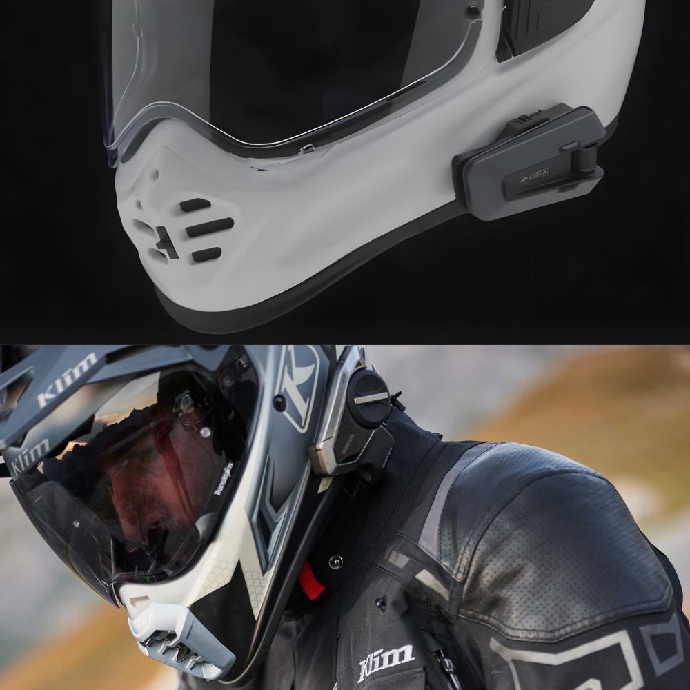 Motorcycle helmets with mounted Bluetooth communication systems showing external clamp installation