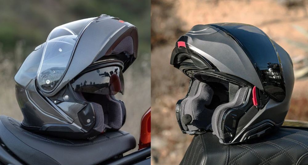 Shoei Neotec 3 and HJC RPHA 91 modular helmets shown side by side with chin bars open