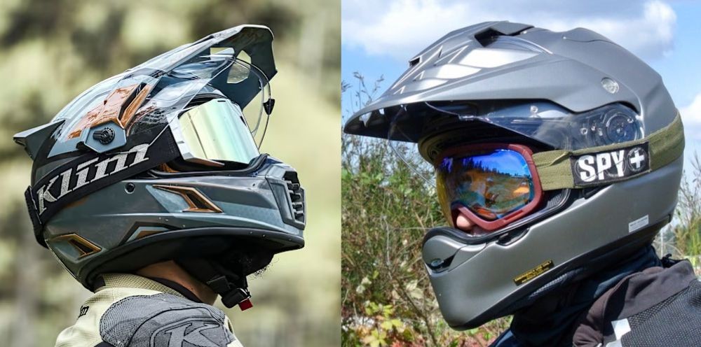 Riders wearing Klim Krios Pro and Shoei Hornet X2 helmets with goggles in off-road setup