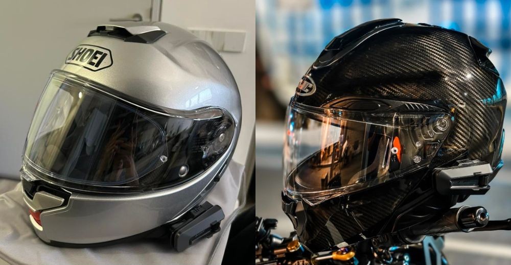 Shoei Neotec 3 on the left and HJC RPHA 91 on the right with external communication units installed