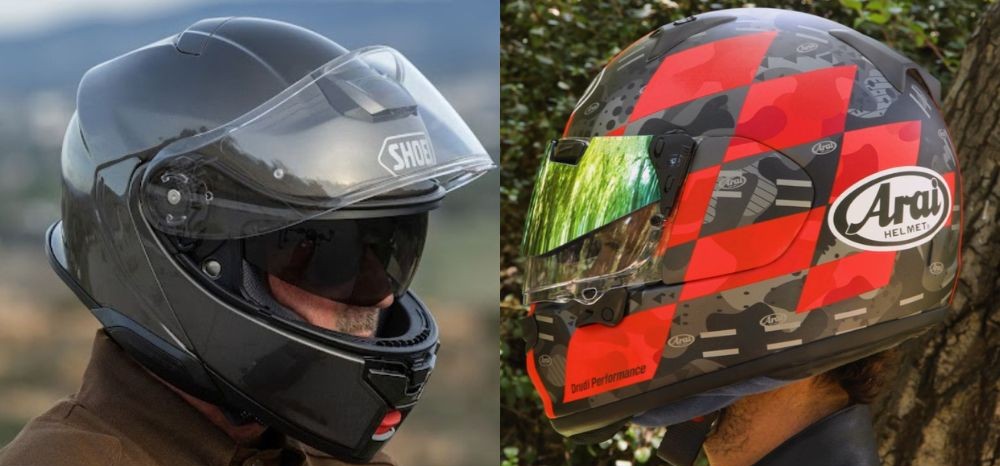 Shoei Neotec 3 and Arai Regent-X helmets side by side showing build quality and exterior finish