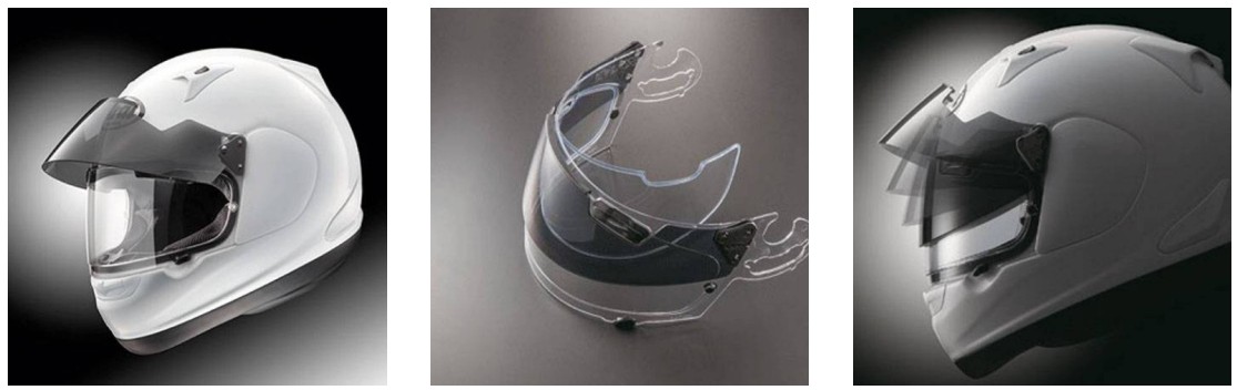 Arai Pro Shade System showing external sun visor positions and face shield compatibility