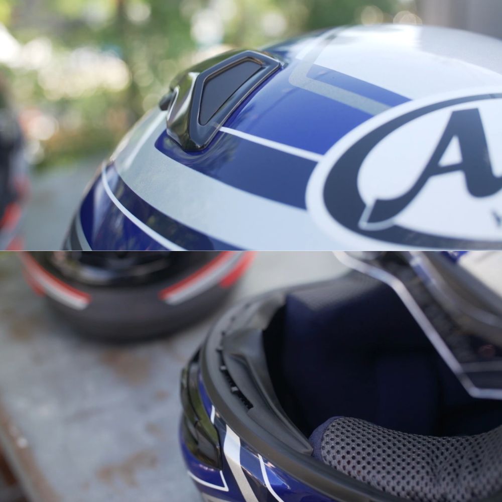 Close-up of Arai helmet vents showing crown intake and interior airflow design