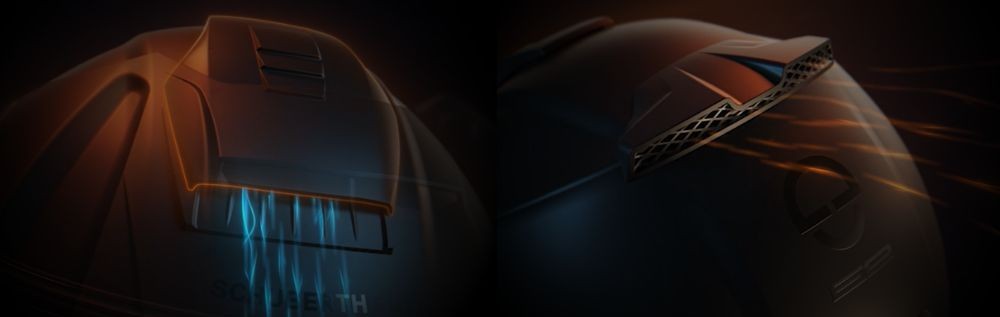 Schuberth E2 helmet ventilation system showing airflow through chin and crown vents with rear exhaust