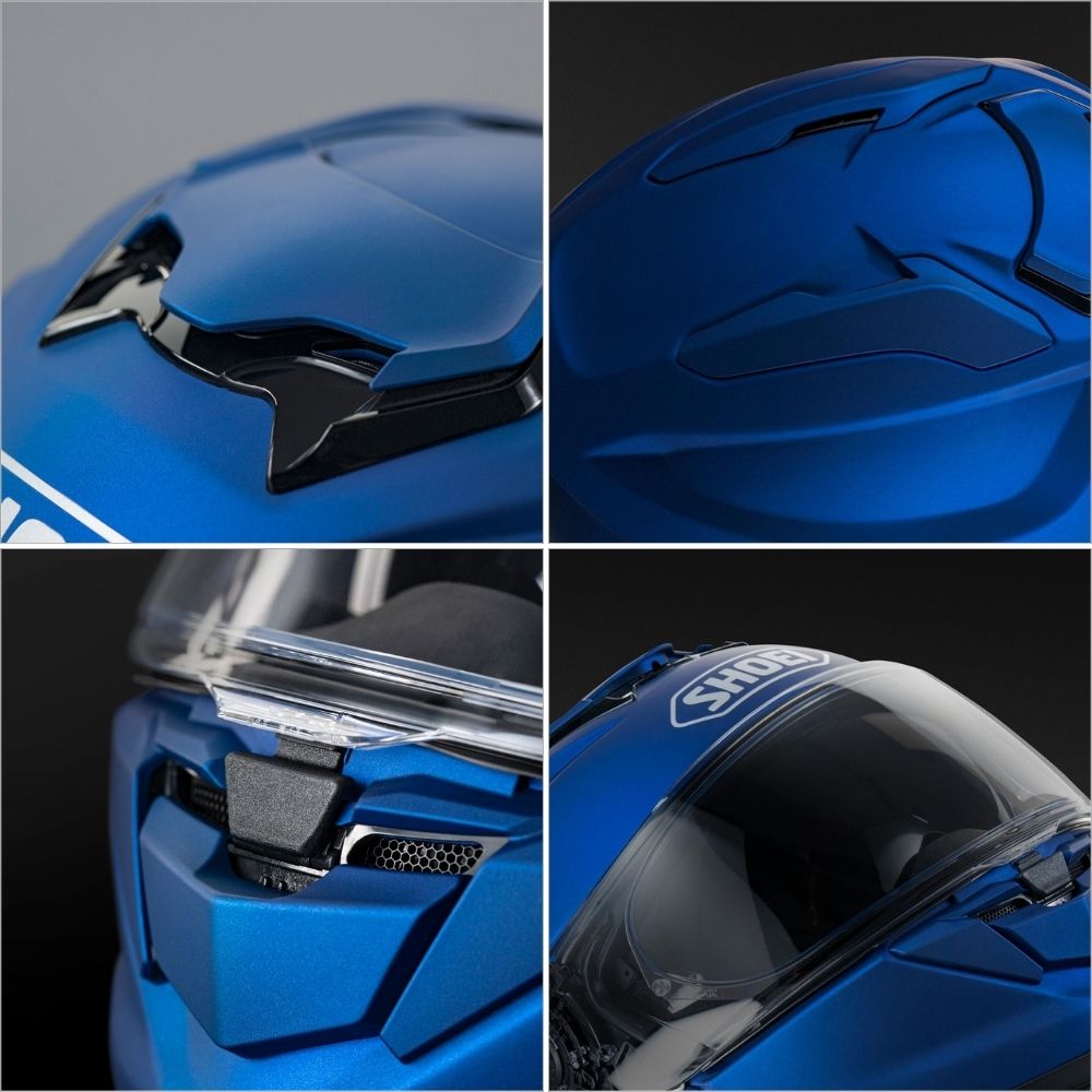 Shoei GT-Air 3 helmet ventilation system showing chin vent, forehead intake, and exhaust ports