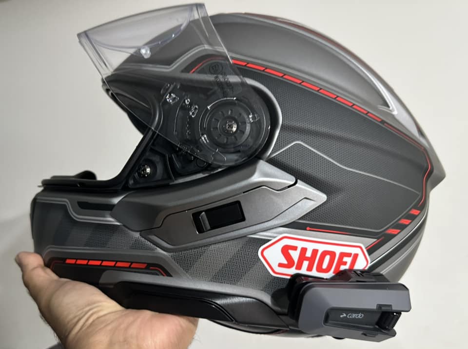 Shoei GT-Air 3 helmet with externally mounted Cardo communication unit