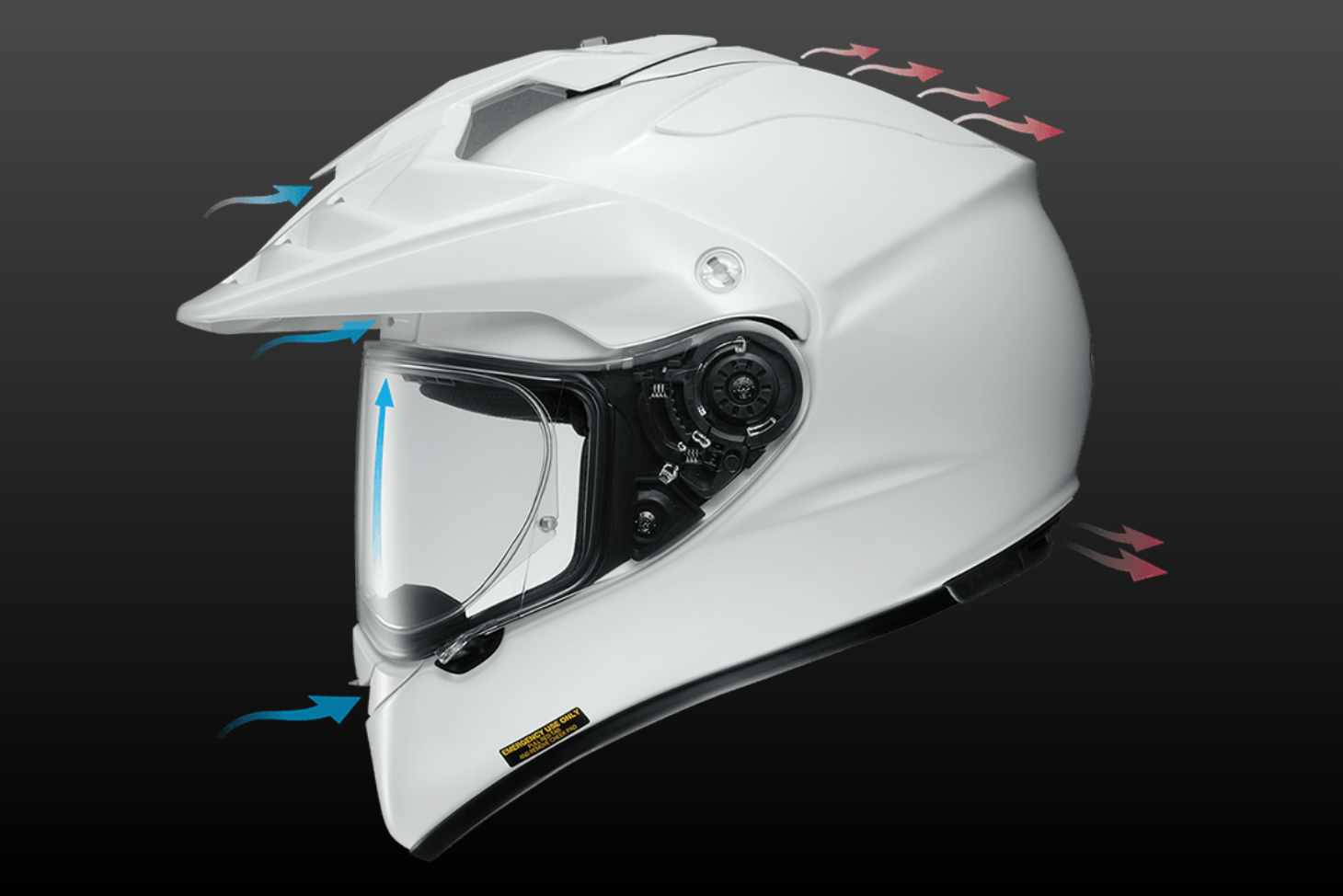 Shoei Hornet X2 helmet showing airflow through chin, forehead, and crown ventilation system