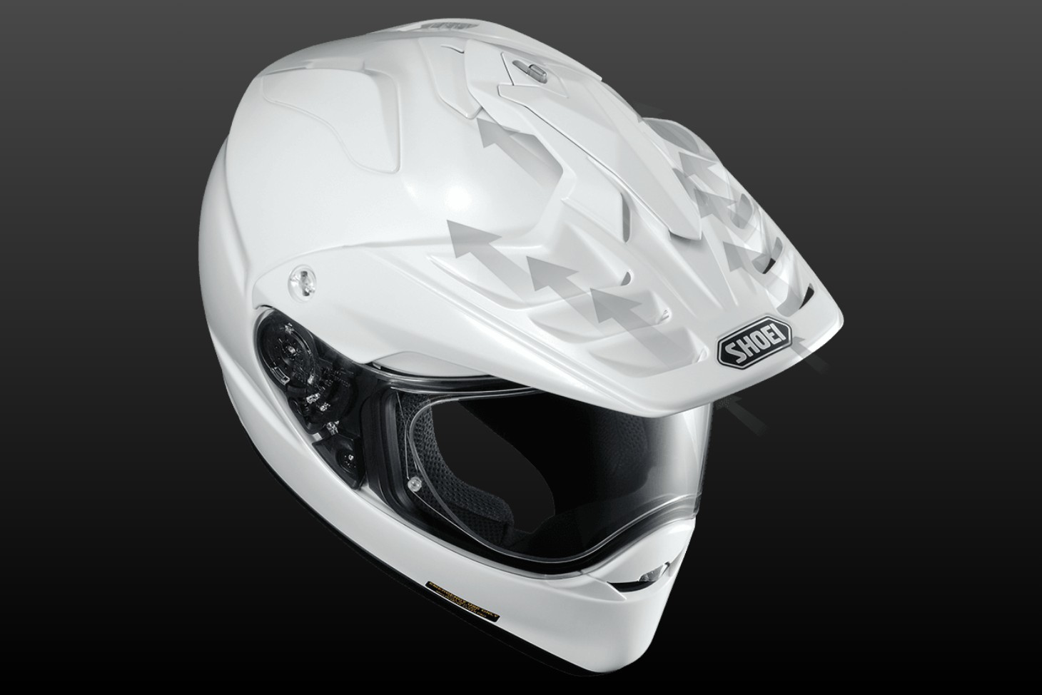 Shoei Hornet X2 helmet showing V-460 peak and wide CNS-2 face shield with airflow arrows