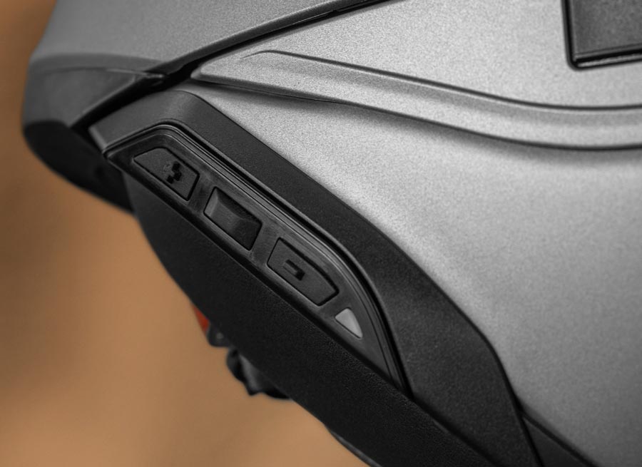 Shoei Neotec 3 helmet with integrated Sena SRL3 controls built into the shell