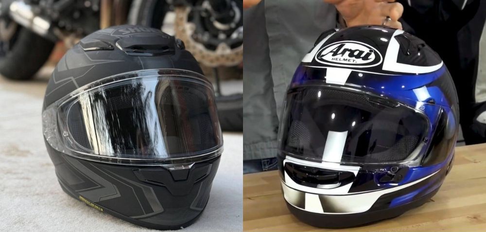 Shoei RF-1400 and Arai Signet-X helmets showing their visor and shield systems