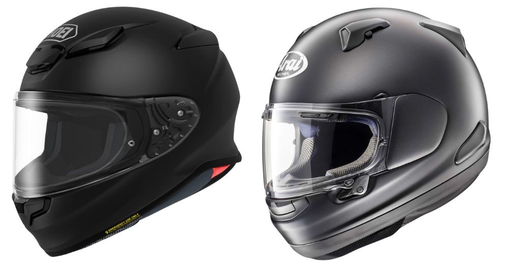 Shoei RF-1400 and Arai Signet-X helmets shown side by side
